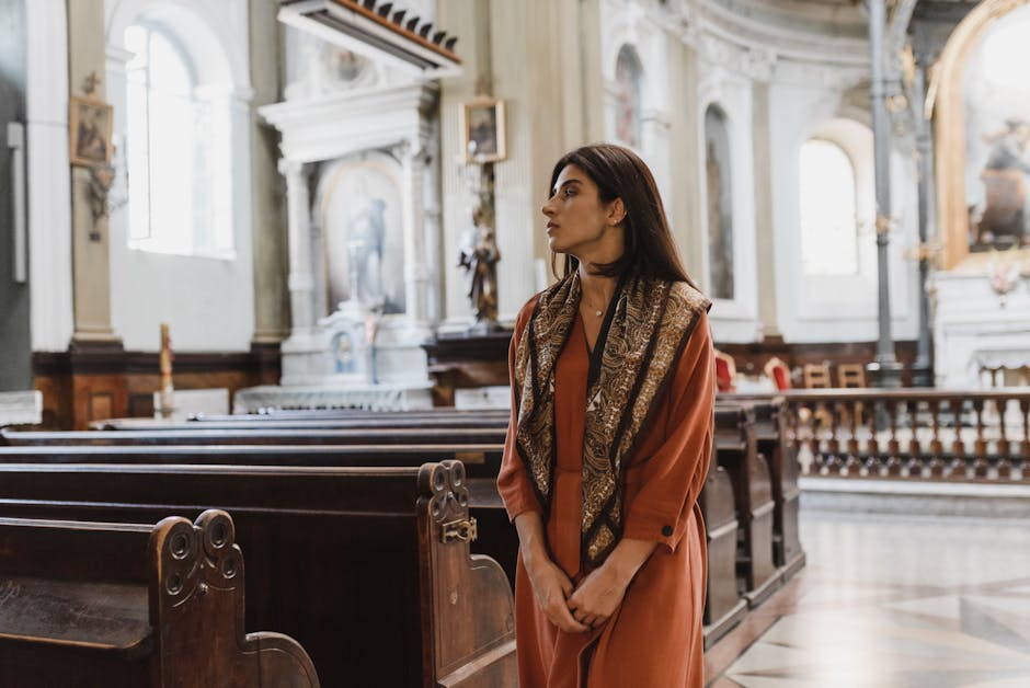 Contemplative woman cathedral interior