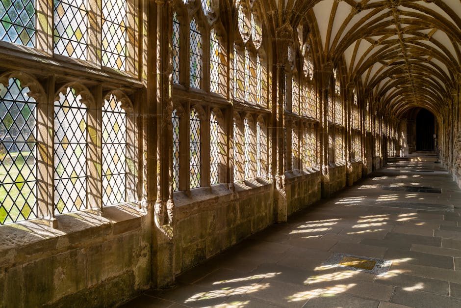 Gothic cloister sunlit windows