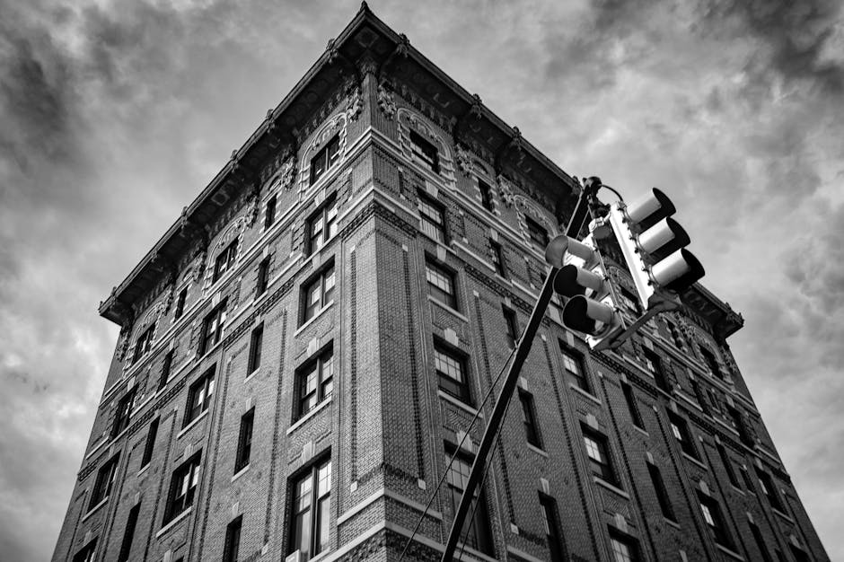 Historic brick building cloudy sky