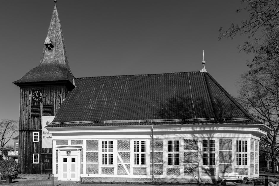 Historic timber building black white