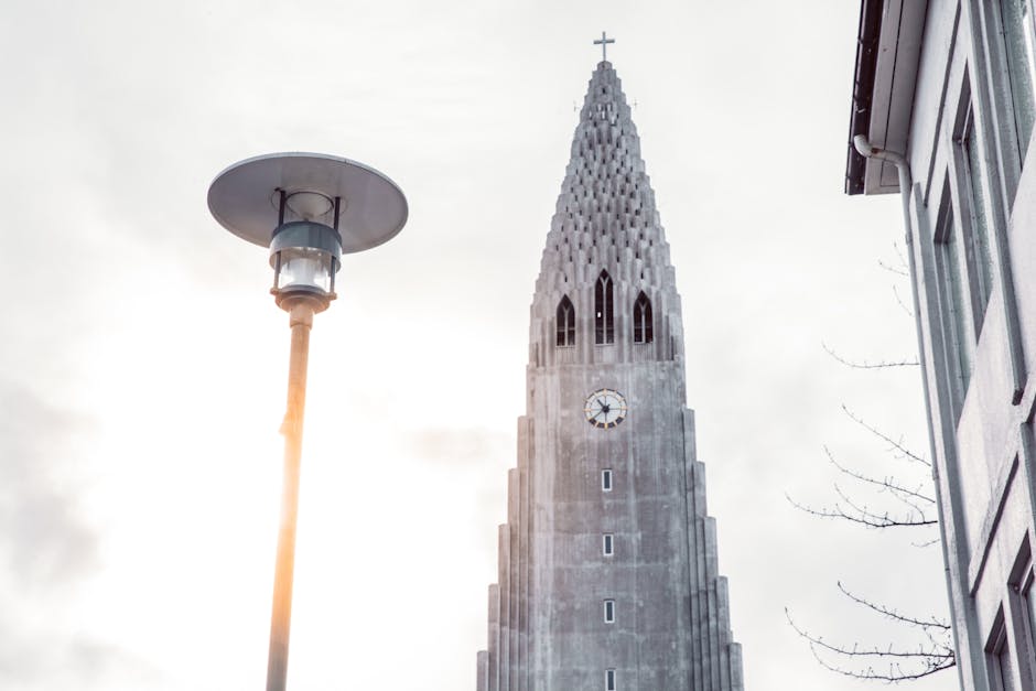 Modern church tower against a winter sky