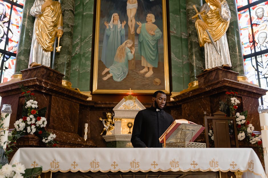 Ornate altar with priest reading