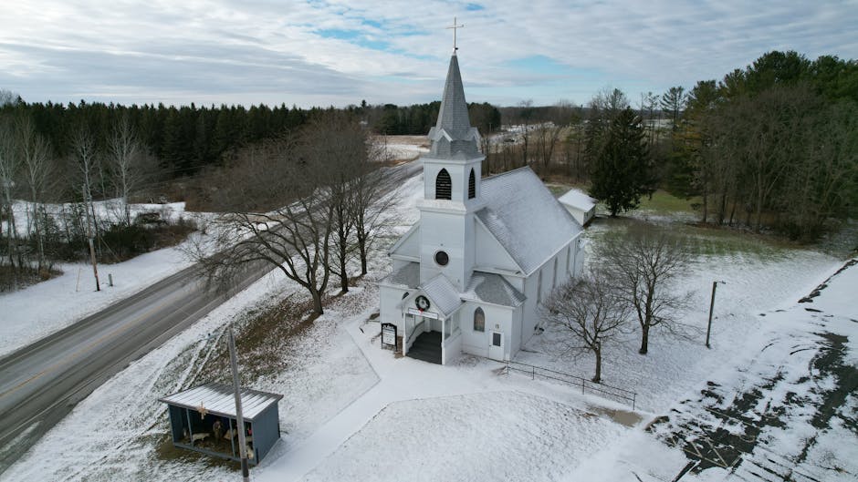 Rustic white building snowy landscape