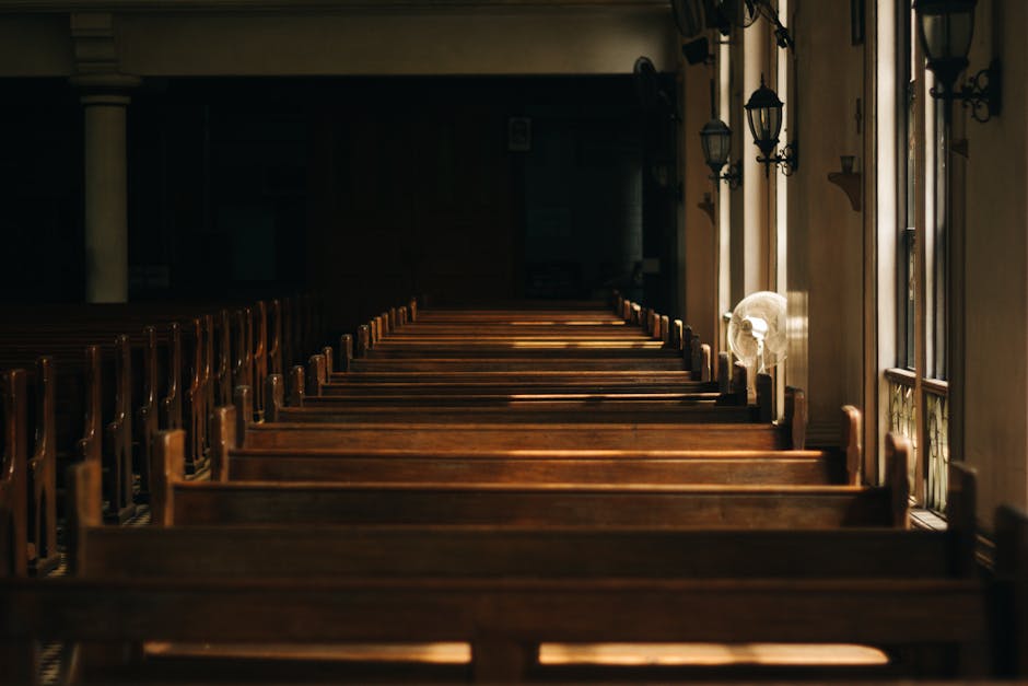 Wooden pews soft natural light