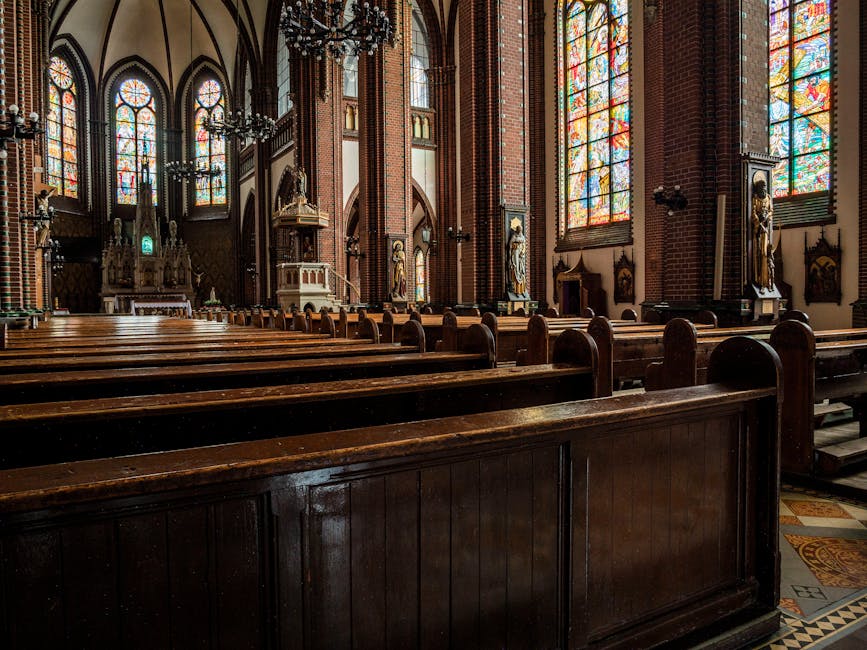 Wooden pews stained glass